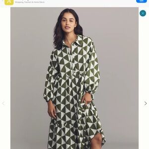 Anthropologie Maeve Bettina Tiered Green Geometric Patterned Shirt Dress